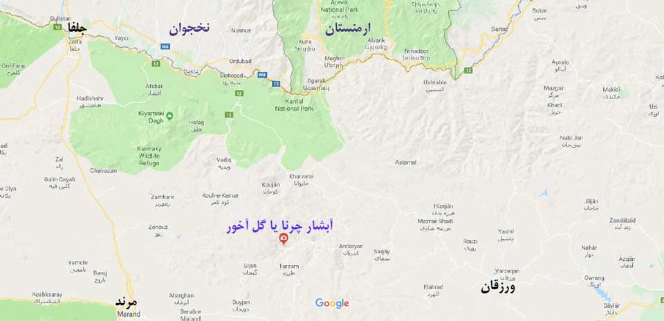 مسیر و نقشه آبشار چرنا یا گل آخور